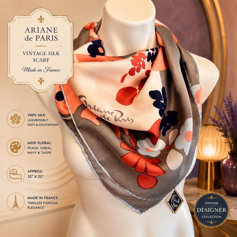 Ariane de Paris Vintage Silk Scarf Mod Floral Peach Coral Navy Taupe 32”